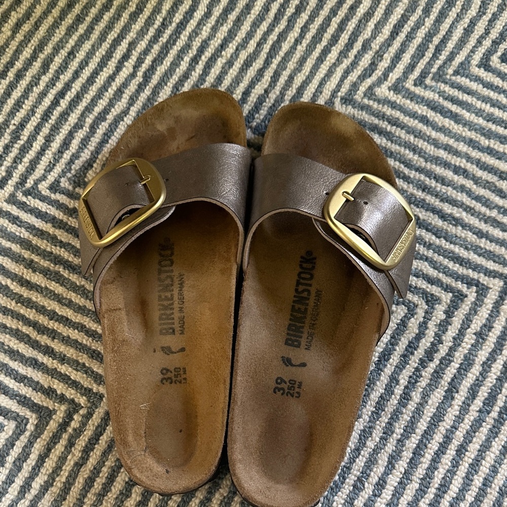 Birkenstock Dark Brown Slides with Gold Buckles